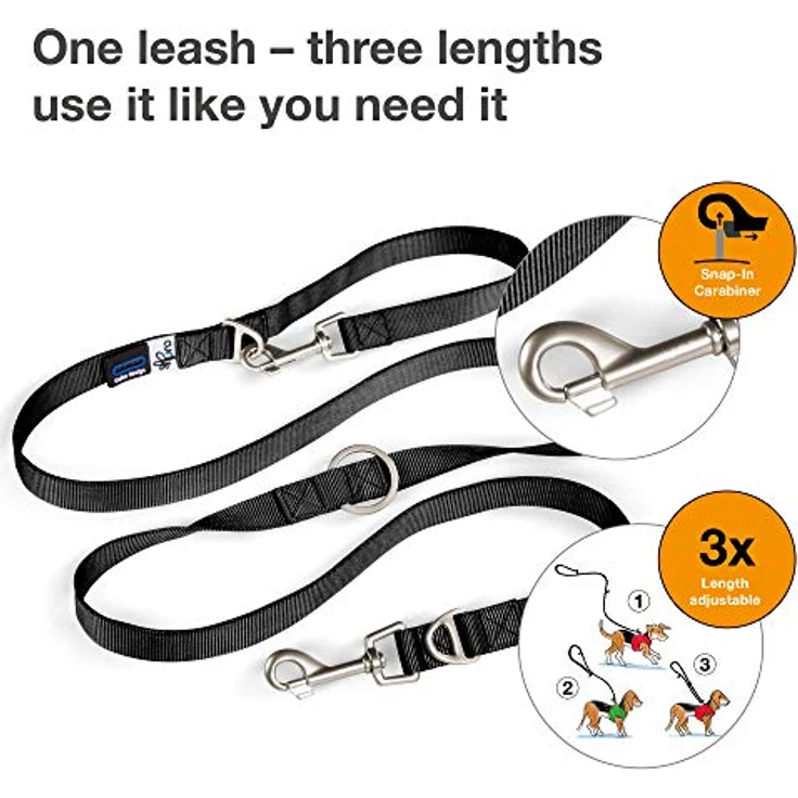Curli Adjustable Leash Nylon Black L, verstellbare Hundeleine aus TUBE-Nylon, 3-fach einstellbar, mit Kotbeutelspender und rostfreien Metallringen – Bild 4
