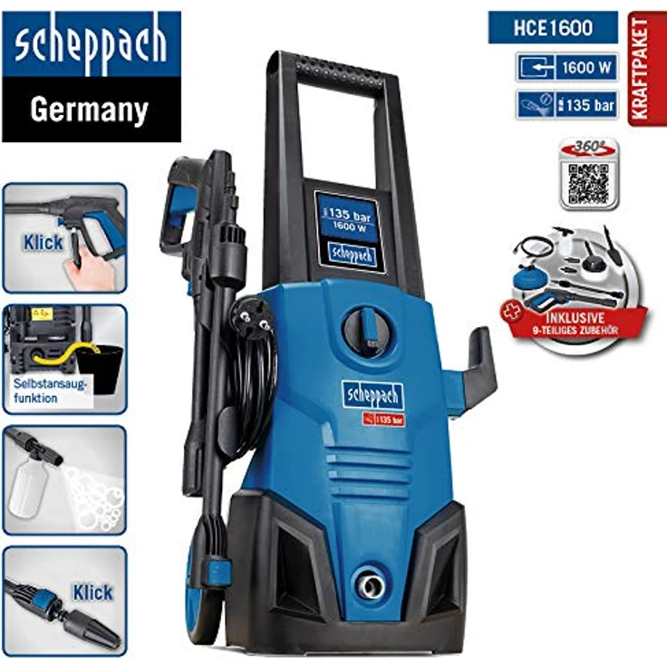Scheppach Hochdruckreiniger HCE 1600, 1600 W Motor mit 135 Bar, inkl. 9-tlg. Zubehörset für vielseitige Anwendungen – Bild 4