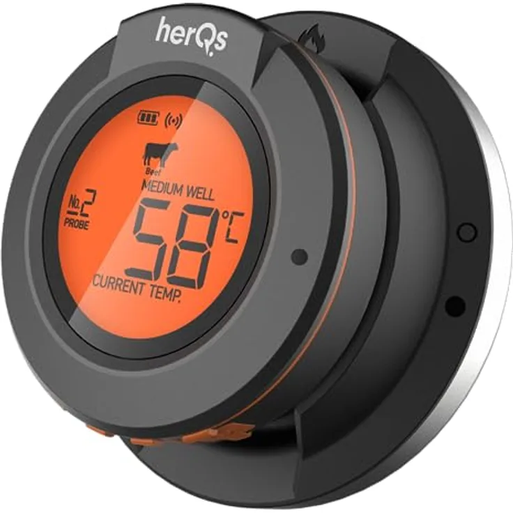 HerQs Dome Grillthermometer - Bluetooth Fleischthermometer mit App und Temperaturalarm - inkl. 2 Sonden - Genaue Temperaturmessung bis zu 4 Sonden - Für Ofen, Grill, Pfanne, Heißluftfritteuse
