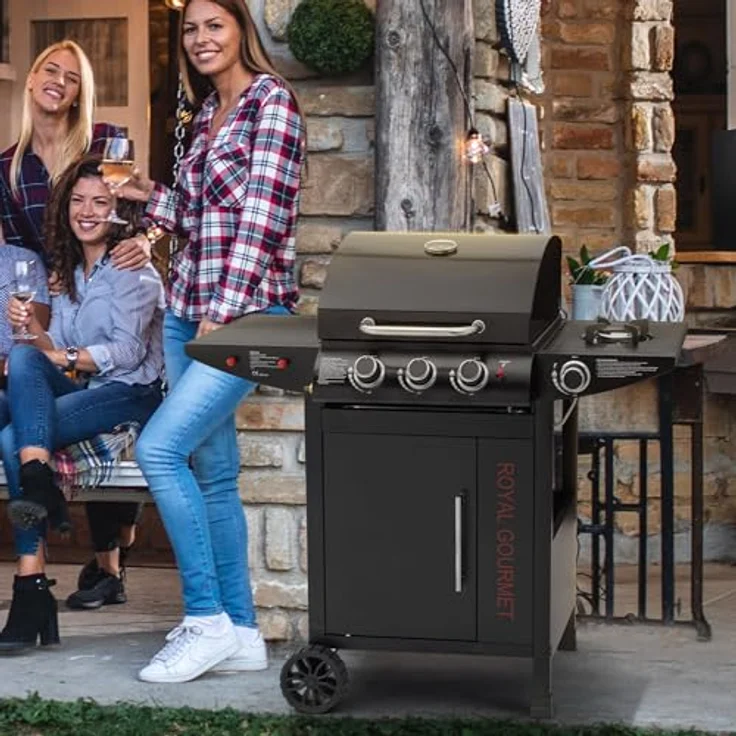 Royal Gourmet Gasgrill 3+1 Brenner Grillwagen mit 11,5 kW, Campinggrill mit Seitenbrenner, Outdoor Gas Grill inkl. Haken, Unterschrank für Balkon, Party Schwarz – Bild 2