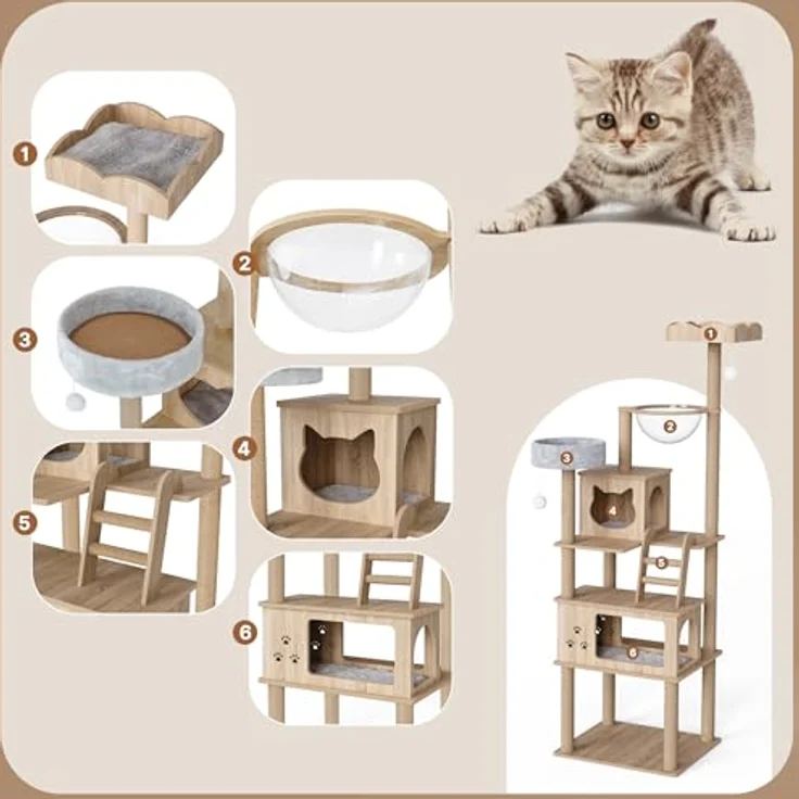 Mondeer Holz Kratzbaum Groß, Katzenbaum mit Zwei Katzenhäusern, mit Herausnehmbaren Plüschkissen und Transparenter Kapsel, Moderner Stil, für Katzen im Haus, 82 x 70 x 185 cm – Bild 2