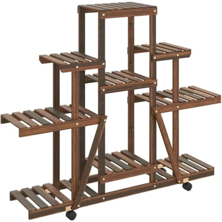 vidaXL Blumenständer, Pflanzständer mit Rollen 110x25x101 cm Massivholz Tanne, Karbonisiertes Braun, 360 Grad drehbare Rollen – Bild 2