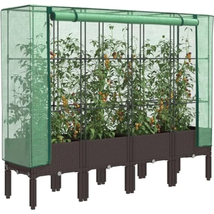 vidaXL Hochbeet mit Gewächshaus-Aufsatz, Pflanzbeet mit Eisenrohr-Rahmen, Gemüsebeet für Garten Terrasse Balkon, Pflanzkasten Frühbeet, Rattan-Optik, Braun – Bild 2