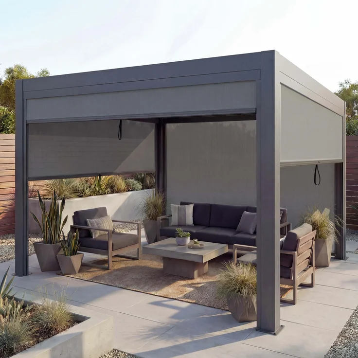 Mendler Pergola MCW-L46, Gartenpavillon mit drehbaren Lamellen und Seitenwand, sturmfest 3x4m, anthrazit, 10cm-Alu-Gestell, manuelle Kurbel, integrierte Regenrinne