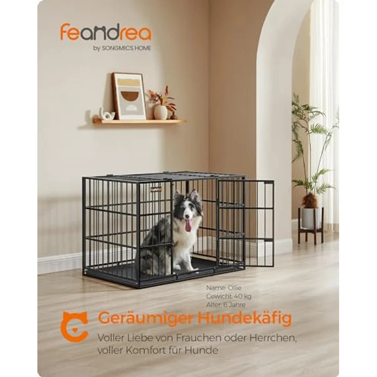 Feandrea Hundekäfig hochbelastbar, Hundebox, 107 x 70 x 75 cm, für mittelgroße und große Hunde, mit herausnehmbarer Bodenschale, Doppeltüren, leicht zu reinigen, tintenschwarz – Bild 2