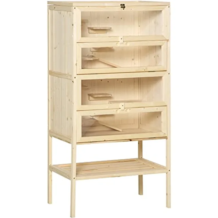 PawHut Kleintierkäfig 5 Etagen mit Gitterdach Rampen Kleintierstall Käfig Nagerkäfig Meerschweinchenstall Tannenholz Naturholz 60 x 40 x 120 cm, Aktivitätszentrum, Sicher, Viel Licht, Einfache Reinigung