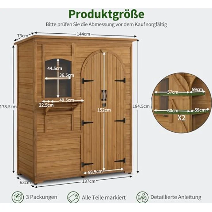 M MCombo Gartenschrank Geräteschuppen Holz Wetterfest, Gartenhaus Outdoor Wasserdicht Begehbar für Außenbereich Balkon Terrasse, Aufbewahrungsschrank mit 3 Regale 73×144×185 cm (Natur) – Bild 3