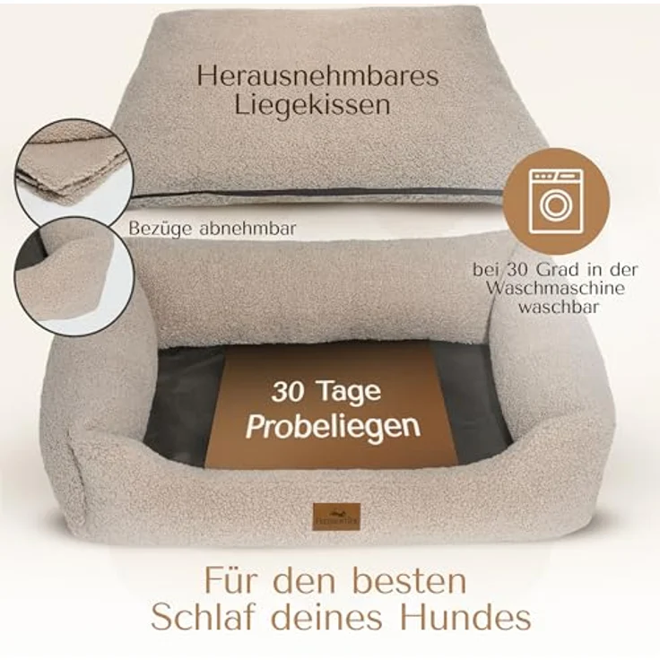 FREUDENTIER Orthopädisches Hundebett aus Teddy - Waschbar - Herausnehmbares Liegekissen - Oeko® TEX Zertifiziert - Handmade in Europe - Greige, M – Bild 4