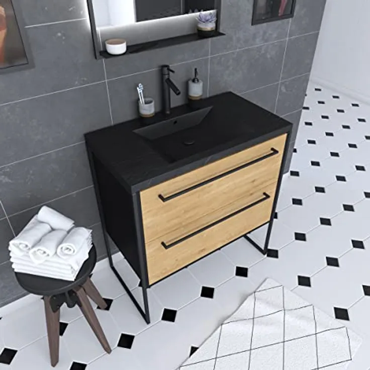 AURLANE PACM071 Structura P071 Badezimmermöbel, Schwarz/Eiche Braun, Large