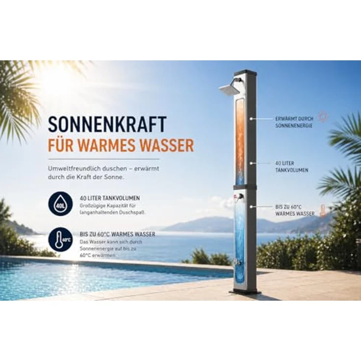 Strattore Solardusche Ocean in Schwarz/Silber, 40 Liter Tankvolumen, 60 °C maximale Wassertemperatur – Bild 3