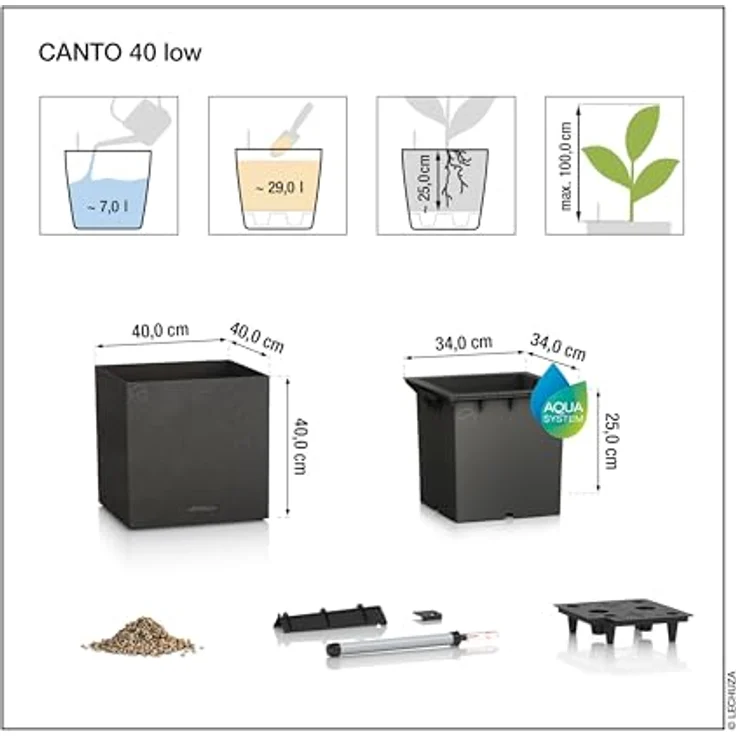 Lechuza® Pflanzkübel Canto Slatestone 40 low, Pflanzgefäß mit Schiefer-Optik und Beverläufigem Bewässerungssystem, dunkelgrau (Komplettset) – Bild 4