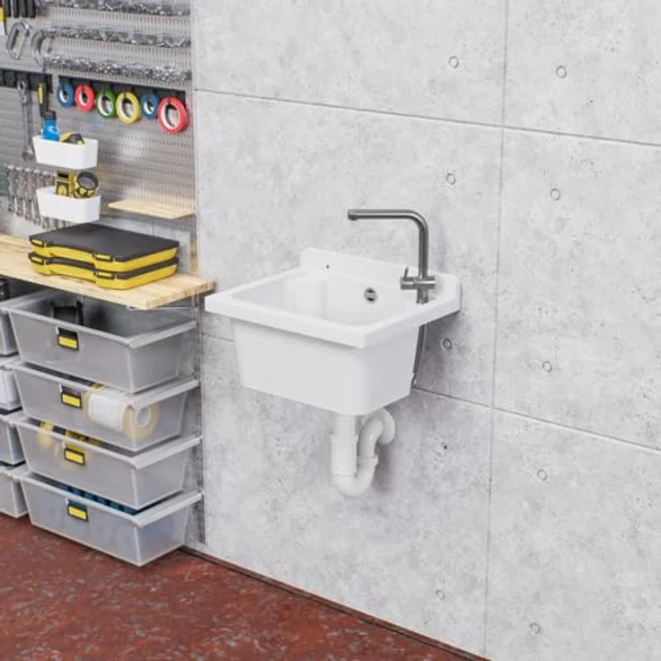 QLS Küchenspüle MANTA, Kunststoff-Spülbecken, 42x34 cm Ausgussbecken - für Garten, Garage, Werkstatt - Weiß – Bild 3