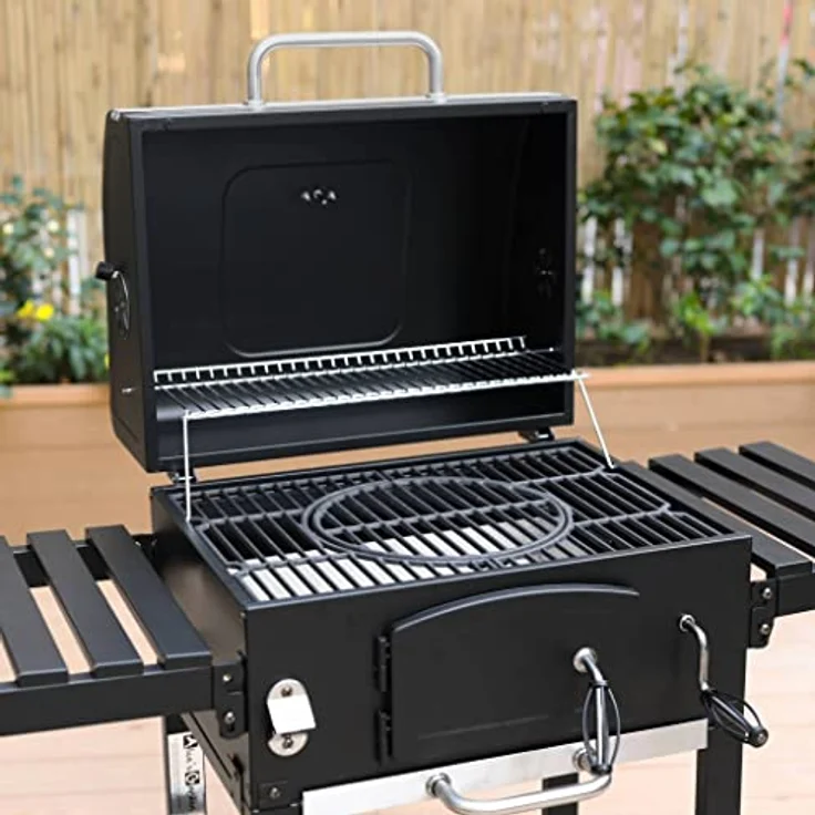 Alice's Garden Holzkohlegrill Bernard Schwarz - Räuchergrill mit Aschesammler, Belüftern, verstellbarem Holzkohlebehälter und Klappregalen - Schwarz – Bild 4