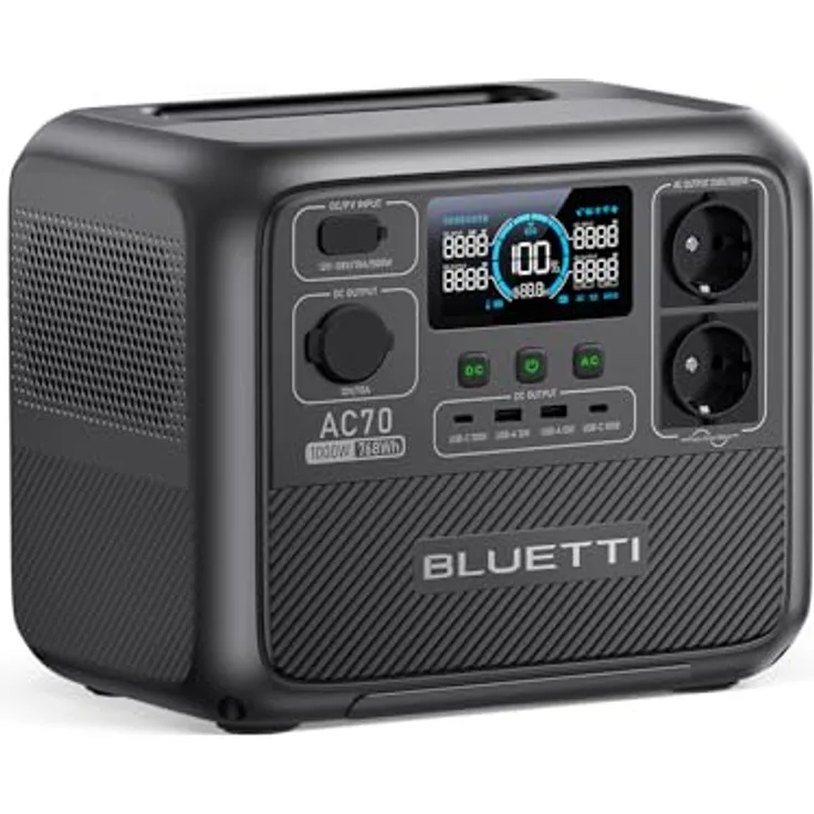BLUETTI Tragbare Powerstation AC70, 768Wh LiFePO4 Solargenerator mit 2 1000W (Power Lifting 2000W) AC Ausgänge, 100W Typ-C, 45 Min. Schnellladung von 0-80%, für Reise, Camping, Stromausfall
