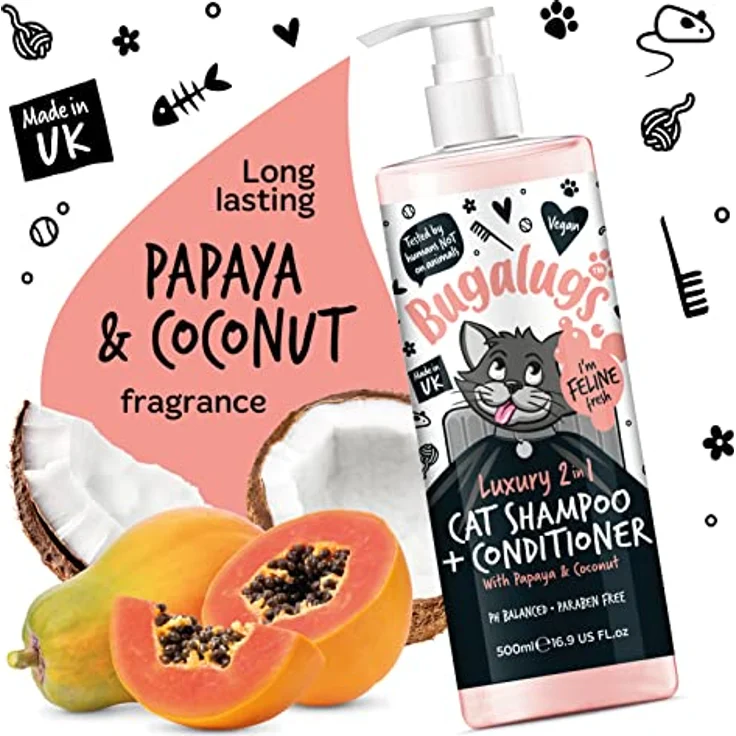 Bugalugs 2in1 Katzenshampoo + Conditioner, 500 ml, pH-neutral, mit Papaya und Kokosnuss, Lake District – Bild 6