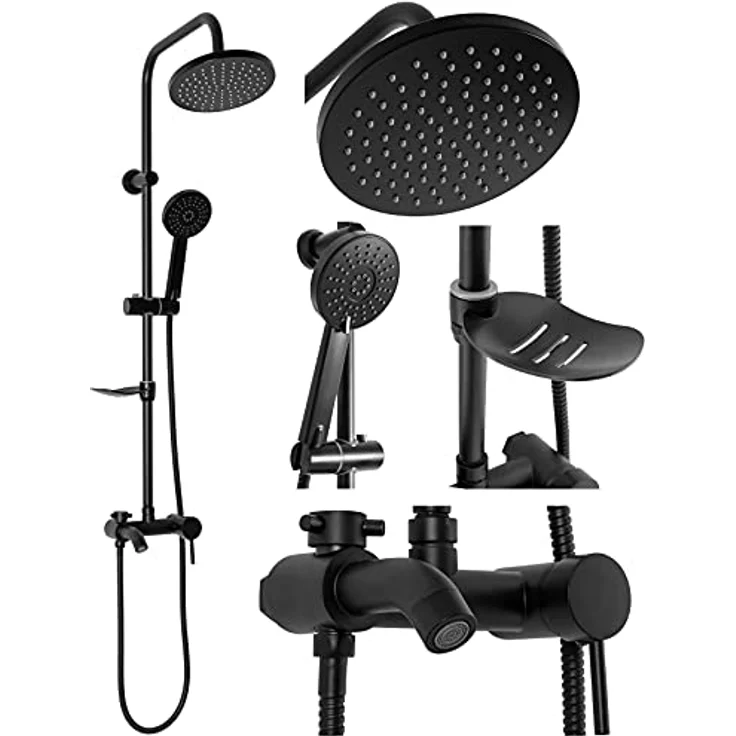 Rea Duschsystem LUIS black, Duschset mit Duscharmatur, Duschkopf 20x20 cm und Messing Kopfbrause, Duschgarnitur für Badezimmer (Schwarz) – Bild 1