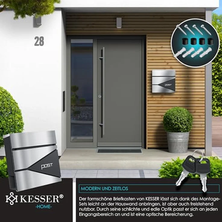 KESSER® Briefkasten mit Zeitungsfach Wandmontage Wandbriefkasten Edelstahl, 2x Schlüssel abschließbar, Moderner Postkasten Zeitungsrolle, inkl. Montagematerial, Softclose-Deckel, Anthrazit Silber – Bild 5