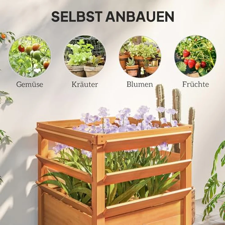 Outsunny Hochbeet mit Rankgitter, Tannenholz, offene Boden, 65 x 65 x 60 cm, Karamellbraun, für Garten und Balkon, ideal für Kletterpflanzen und Blumen – Bild 6