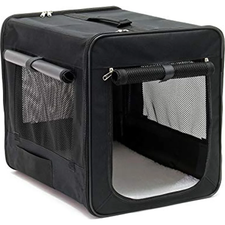 Wiltec Fudajo Faltbare Transportbox für Hunde, Katzen M (58x46x53 cm), robust, leicht, sicher, mit entnehmbarem Kissen, Schwarz – Bild 1
