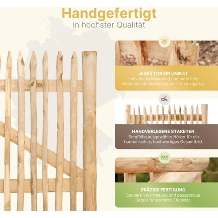 STILTREU Gartentor Classic Staketenzaun-Tor, Edelkastanie, 75 cm x 80 cm, langlebig und handgefertigt – Bild 3