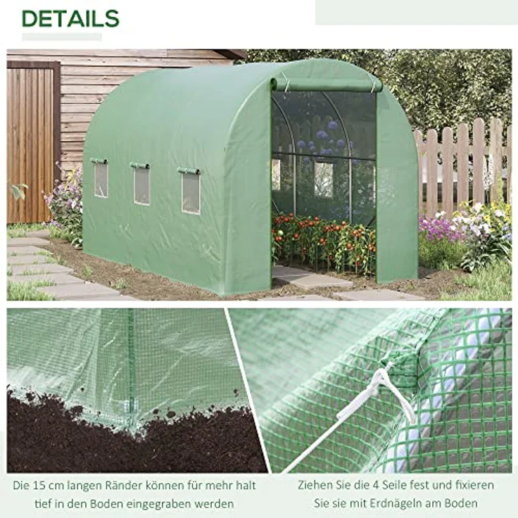 Outsunny Foliengewächshaus Tomatengewächshaus Treibhaus Folientunnel Frühbeet mit Fenster Grün 350 x 200 x 200 cm – Bild 5