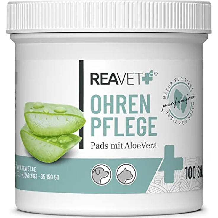 ReaVET Ohrenreiniger Hund & Katze 100 Stück – Ohrenpflege Pads Hund I Pflegeprodukt für Ohren, Reinigungstücher Hund, Besonders Milde & Schonende Reinigung mit Aloe Vera für Hunde und Katzen – Bild 1