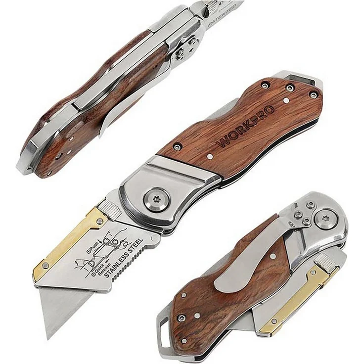 WorkPro WP211014, klappbares Universalmesser mit hochwertigem Palisanderholzgriff und 10 SK5 Ersatzklingen, rostfreier Stahl