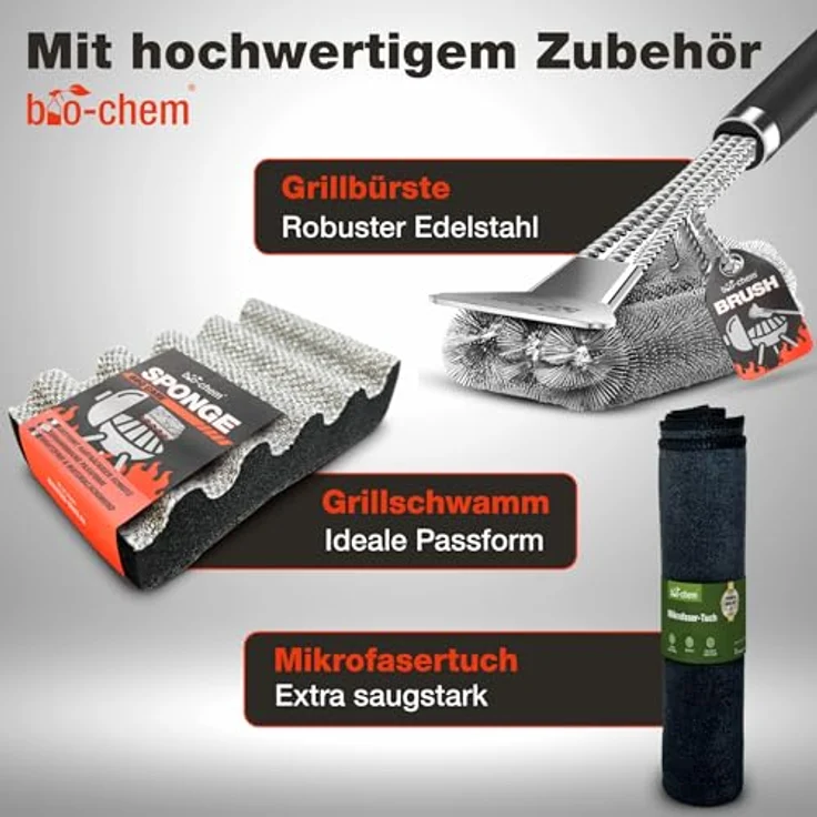 bio-chem Fettlöser Set, 5-teiliges Set mit 750 ml Fettlöser, 750 ml Edelstahlreiniger, Grillbürste, Reinigungsschwamm und Mikrofasertuch für milde Reinigung von Edelstahl und Aluminium – Bild 5