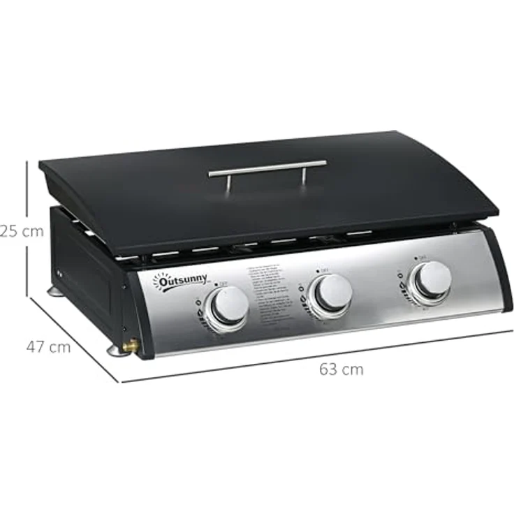 Outsunny Gasgrill, Tischgrill BBQ mit 3 Brennern, Tischgasgrill mit Schlauch, Deckel, Campinggrill für Garten, Edelstahl, Metall, Schwarz, 63 x 47 x 25 cm - Preisvergleich – Bild 3