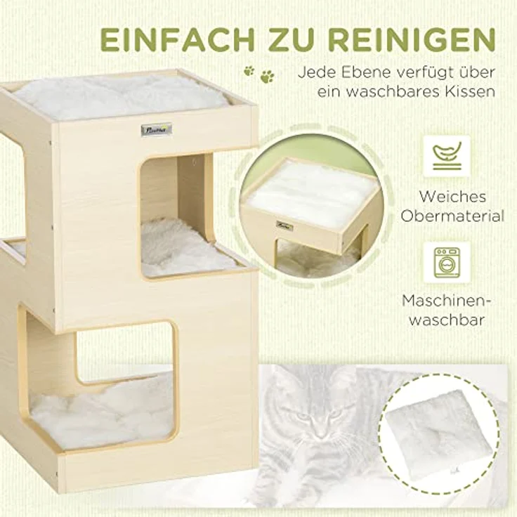 PawHut Tierhaus Katzentonne, KatzenhГ¶hle, 2 Ebenen, inkl. Spielzeug, Eiche, 34L x 34B x 60H cm, Weiche Polsterung, Mausspielzeug, Geeignet für Katzen unter 5 kg – Bild 4
