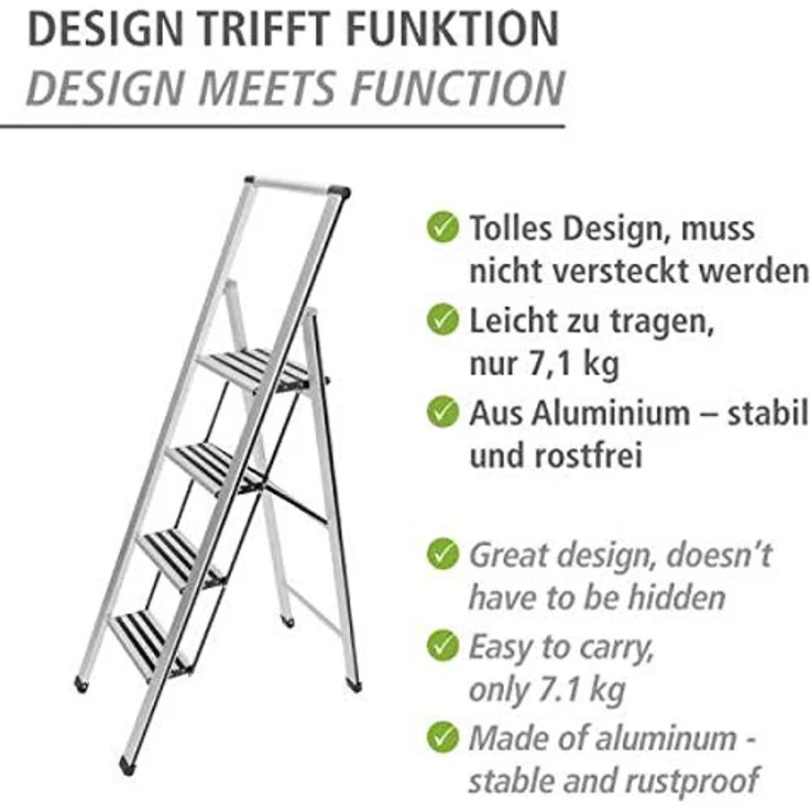 WENKO Leichte Aluminium Trittleiter mit 4 Stufen für 100 cm höheren Stand, rutschsichere XXL-Stufen, Design Klapptrittleiter mit 44 x 153 x 5,5 cm, Süd zertifiziert, matt silber – Bild 3
