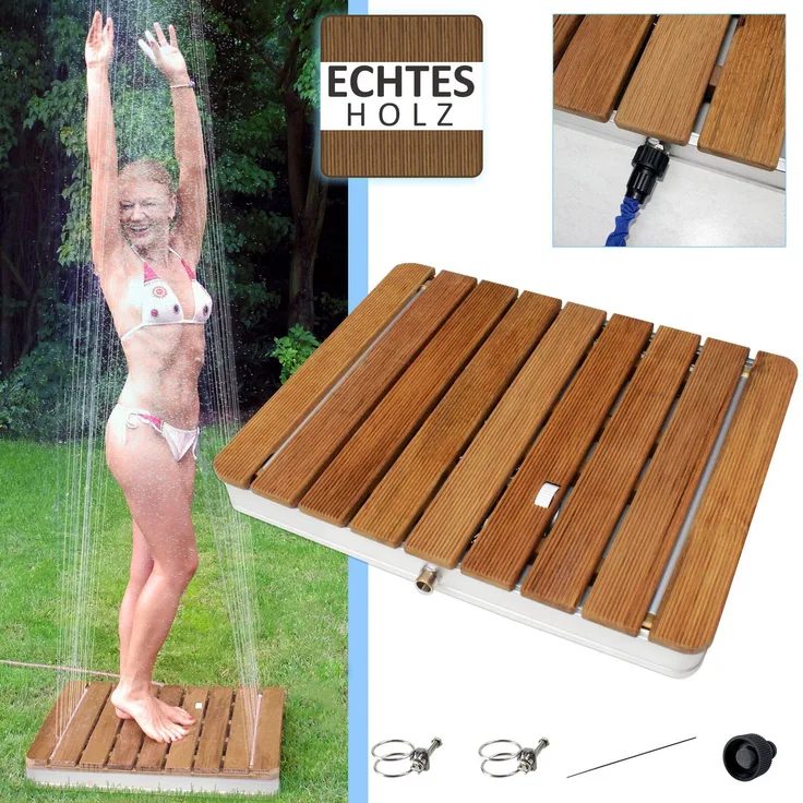@tec Gartendusche MyGarden aus Teakholz, Bodendusche eckig 70x55cm, mit Wasserregler