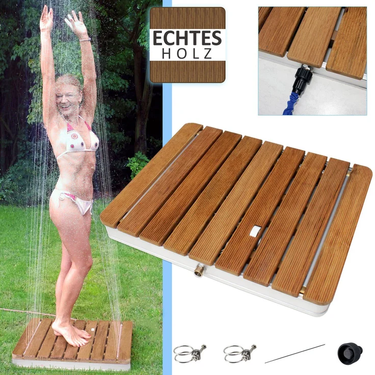 @tec Gartendusche MyGarden aus Teakholz, Bodendusche eckig 70x55cm, mit Wasserregler