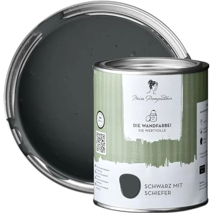 MissPompadour Wandfarbe Schwarz mit Schiefer, matte Innenfarbe mit sehr hoher Deckkraft, geruchsneutral und spritzfrei, 1 L – Bild 1