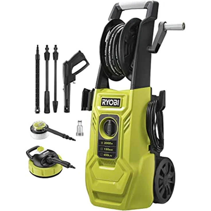 RYOBI 1800 W Elektro-Hochdruckreiniger RY150PWA, 150 bar Druck, 450 l/h Födermenge, 40° Wassertemp, Aluminiumpumpe, 8m stahlarmierter Schlauch, 5m Kabel, Vario und Turbo-Lanze, Flächenreiniger, Bürste - Preisvergleich – Bild 1