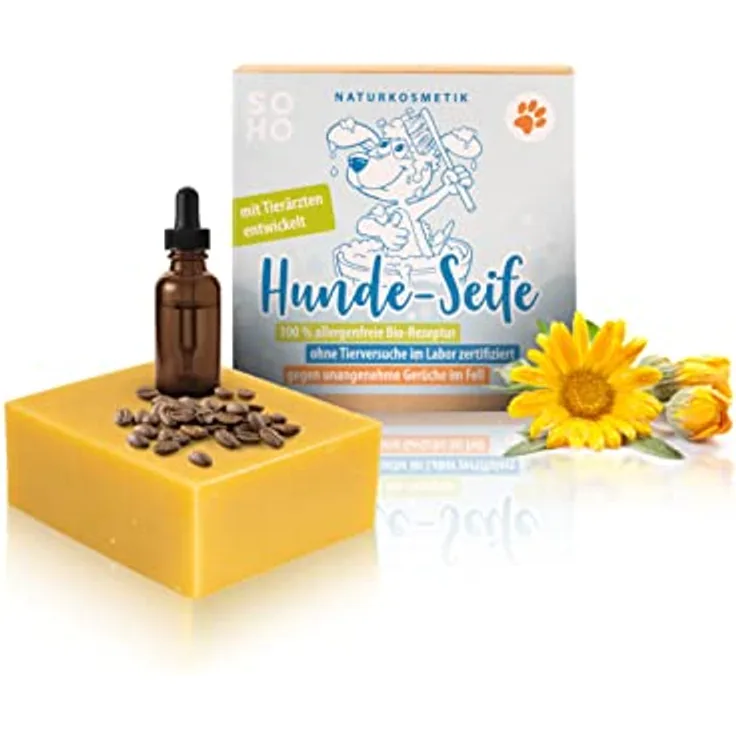 SOHO Naturkosmetik Hundeshampoo sensitiv, vegan (110g) • Shampoo für Hunde & Welpen • Natürliche Fellpflege • Hundeseife mit Ringelblume