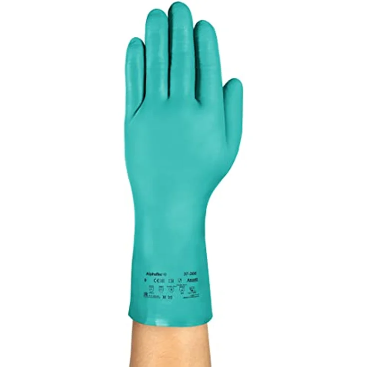 Ansell AlphaTec 37-300 Nitrilhandschuhe, Chemikalienschutz, Lebensmittelgeeignet, Grün, Größe L (12 Paar) – Bild 2