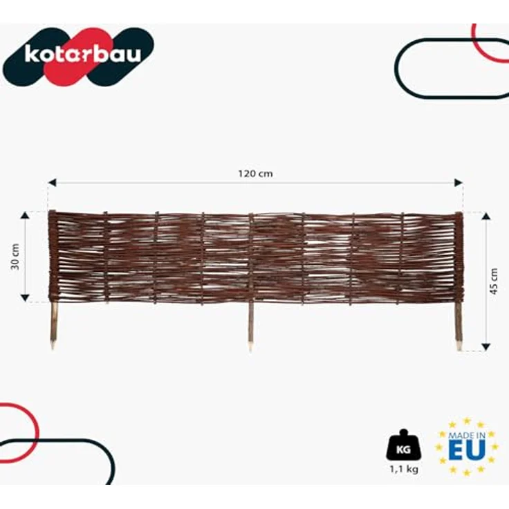 KOTARBAU® Weidenzaun 120 x 30 cm, Beetbegrenzung aus natürlicher Weide, wetterbeständig und stabil, braun – Bild 3