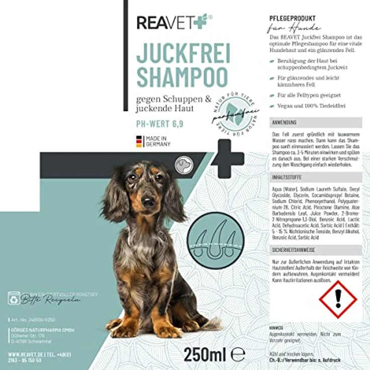 ReaVET Hundeshampoo gegen Schuppen & Juckreiz 250ml, bei Hautirritationen, trockene Sensible Haut, Rückfettend für Fellglanz ohne Duftstoffe, Anti Schuppen Juckreiz Shampoo Hund – Bild 3