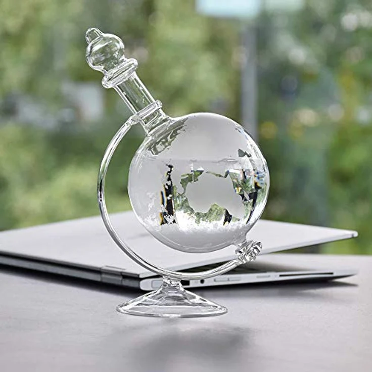 Mikamax Große Sturmkugel aus Glas, wetterabhängige Bürodekoration mit Holzplateau, 19 cm x 15 cm x 10 cm, nordischer Stil – Bild 2