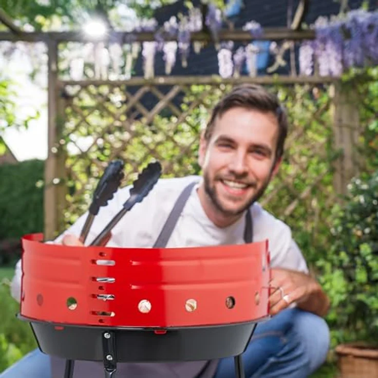 Relaxdays Holzkohlegrill, Dreibein, Ø 37 cm, Windschutz, schwarz/rot – Bild 3