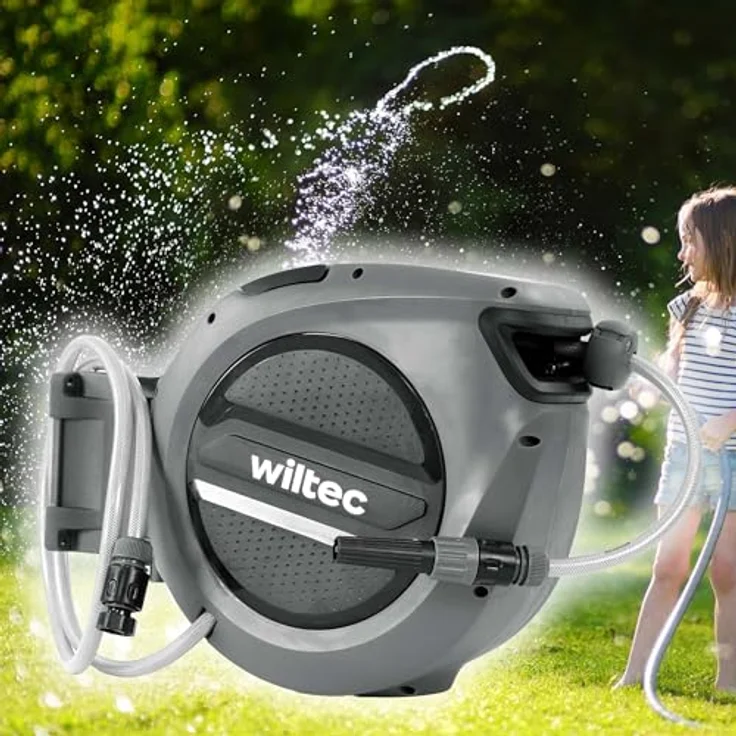 XPOtool Schlauchtrommel, Wand Schlauchbox mit Aufroll-Automatik und 15m PVC Wasserschlauch, witterungsbeständig – Bild 2