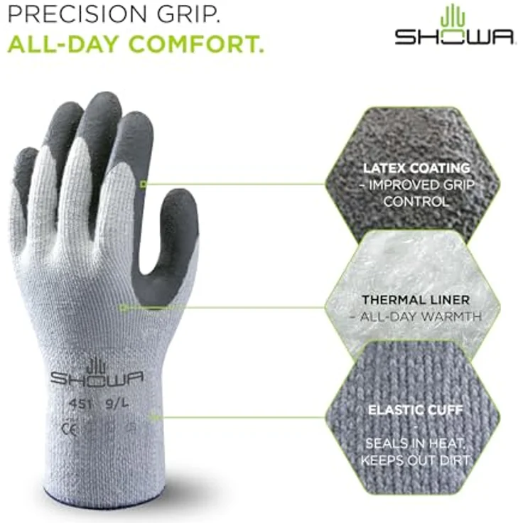 SHOWA 451M Acryl Baumwoll Polyester Trägergewebe Kälteschutzhandschuh mit Latexbeschichung auf den Handinnenflächen, M, Hellgrau – Bild 5