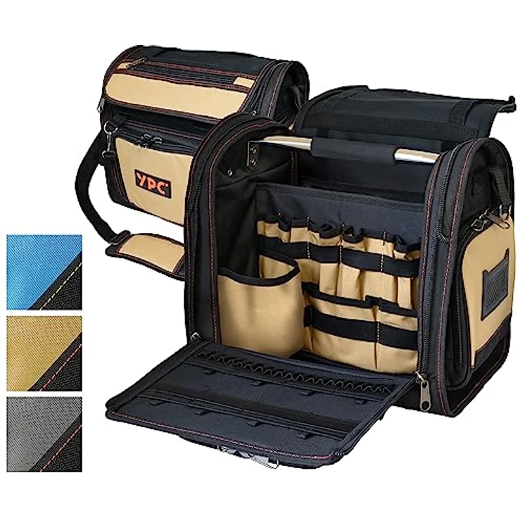 YPC Foreman Werkzeugtasche XL – Wasserfeste Aufbewahrungstasche mit 30 Fächern, robustem Metallgriff, Schultergurt, sand-schwarz, 37x36x27cm, 20 kg Tragkraft – Bild 1