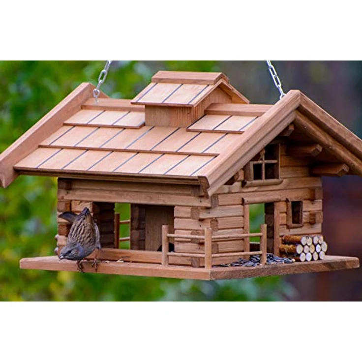 dobar® Green Label 98732FSCe Design Vogelfutterhaus St. Moritz hängend - Vogelhaus Hüttendesign - Vogelvilla Massivholz - Vogelfutterstation inklusive Kette zum Hängen - 37 x 37 x 26 cm - Braun – Bild 3