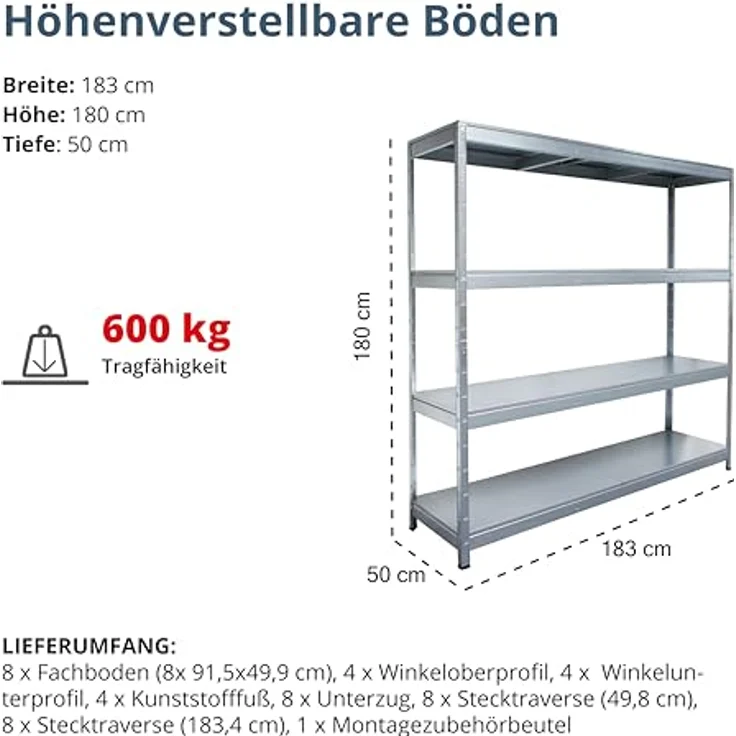 SCHULTE Regalwelt Schwerlastregal Steck Weitspann/Schwerlastregal, 4 Böden, Höhe: 180cm, verzinkt – Bild 2