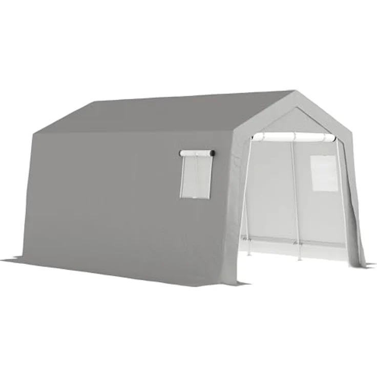 Outsunny Gerätehaus mit Satteldach, wasserdichtes Gerätezelt aus UV-beständigem PE-Gewebe, hellgrau, 300 x 447 x 255 cm, mit Türen und Fenstern – Bild 1