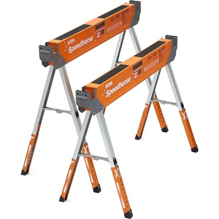 Bora Portamate Speedhorse XT, Höhenverstellbare Sägeböcke 76,2–91,4 cm, 2er Set, Orange/Abendrot im Zickzackmuster (Sunset Chevron), Tragkraft bis 816,5 kg, schneller Aufbau in 1,6 Sekunden