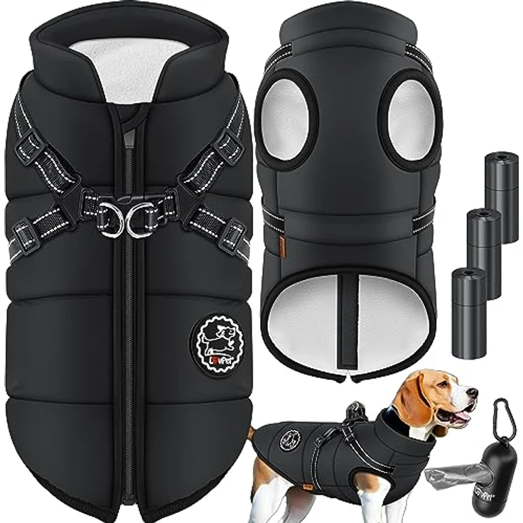 Lovpet Hundejacke Hundemantel mit Geschirr, inkl. 45 Stück Kotbeutel + Spender, Winterweste gefüttert wasserdicht, Gepolsterte Weste Mit Brustgurt, Reflektoren, D-Ring 2XL, Schwarz – Bild 1