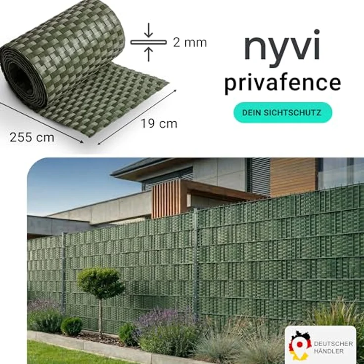 NYVI Polyrattan Sichtschutzstreifen Privafence, blickdicht, 255 x 19 cm, grün, 10 Rollen (25,5 Meter) für Doppelstabmatten-Zaun, wetterfest und UV-resistent – Bild 2